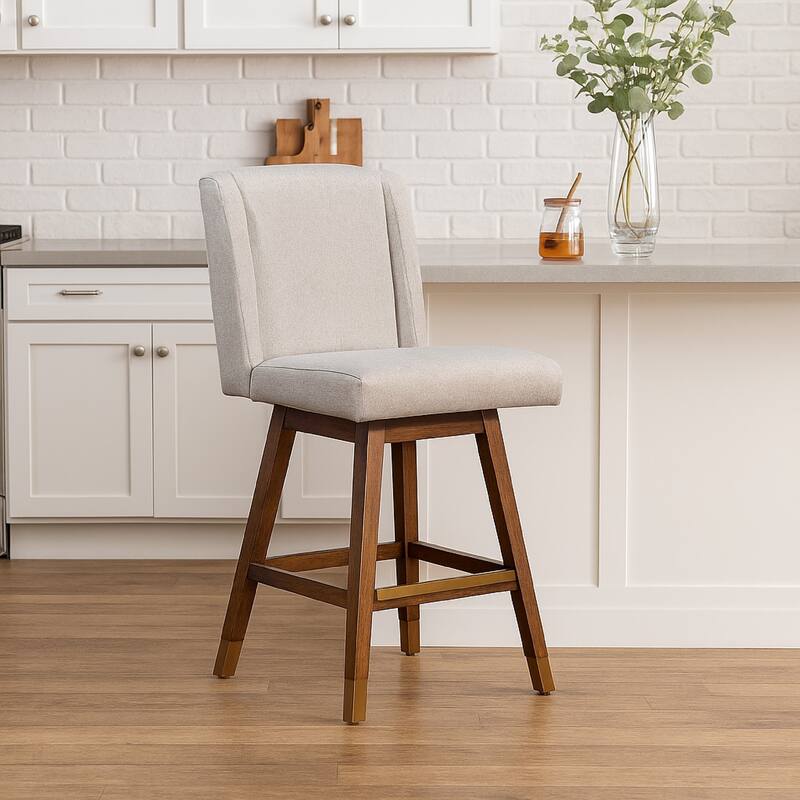 Tynn Swivel Counter Stool Chair, Taupe Gray Wingback, Brown Rubberwood