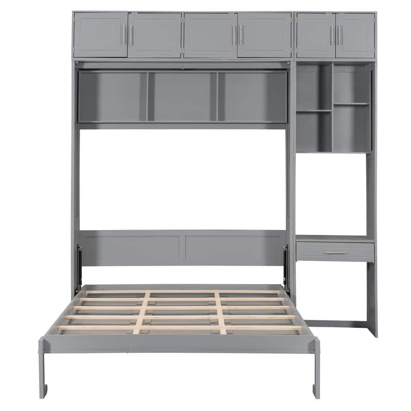 Full Size and Queen Size Wall Murphy Bed with Desk, Top Cabinet and Storage Shelves, Space Saving Foldable Bed