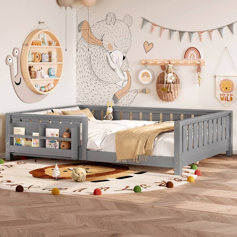 Montessori Floor Bed Low Profile Kids Bed with Rails & Bookshelf