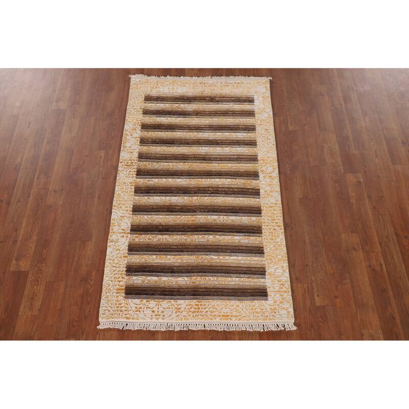 Striped Modern Abstract Accent Rug Handmade Yellow Wool Carpet - 2'9"x 4'10"