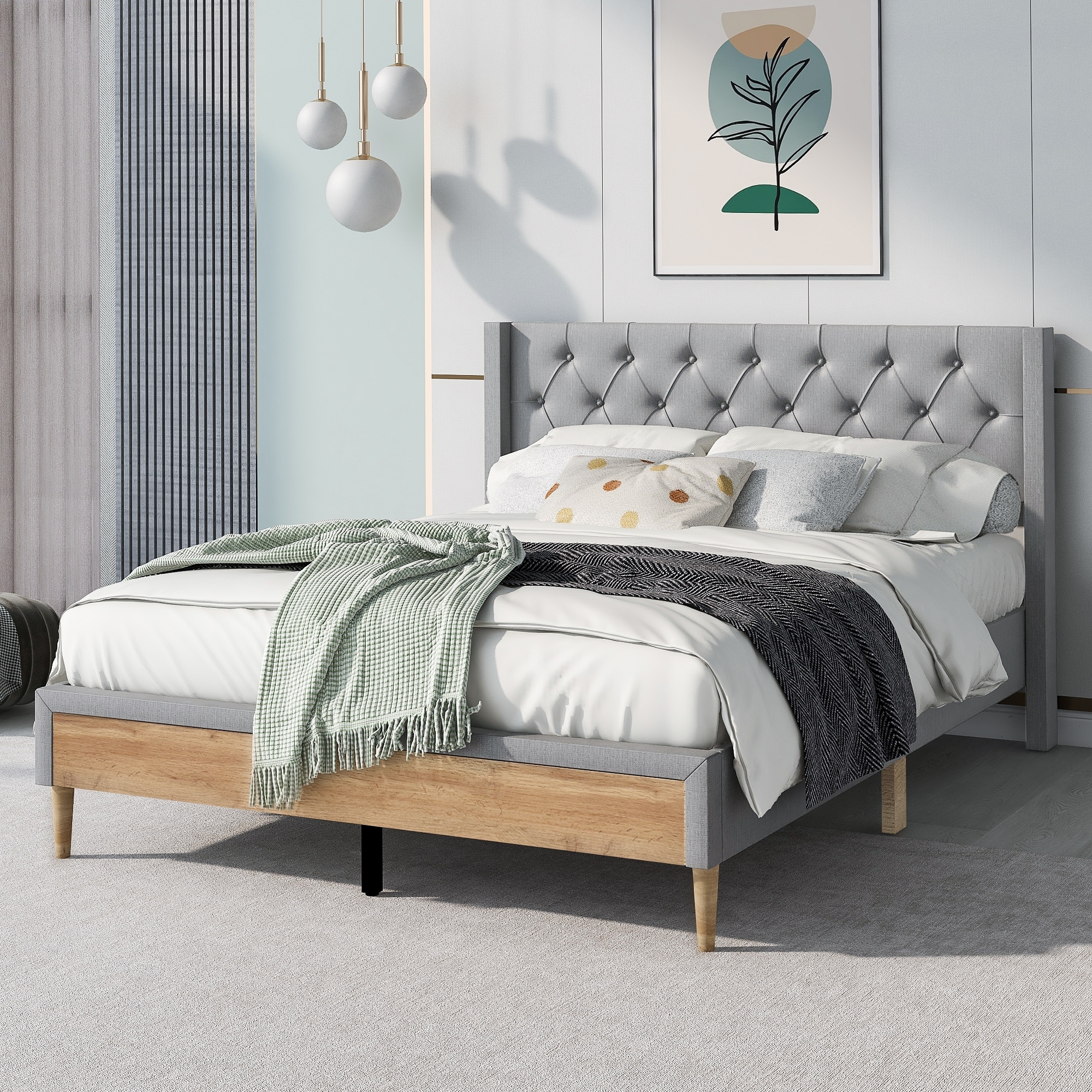Upholstered bed shop with wooden legs
