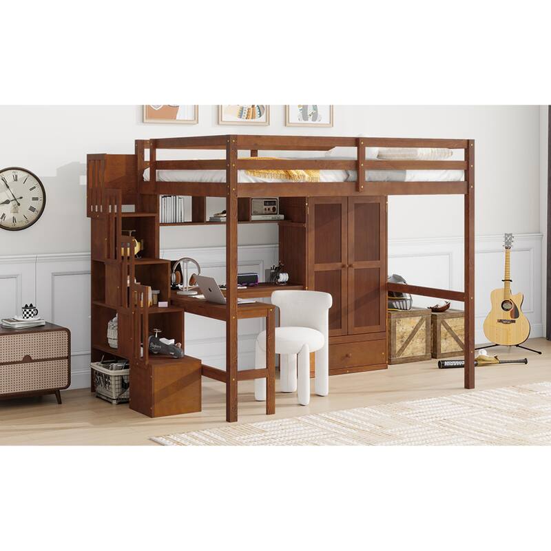 Roomfitters Full Loft Bed with Desk, Bookshelves and Storage Cabinets, Staircase with Shelves, Safety Guardrails, Walnut