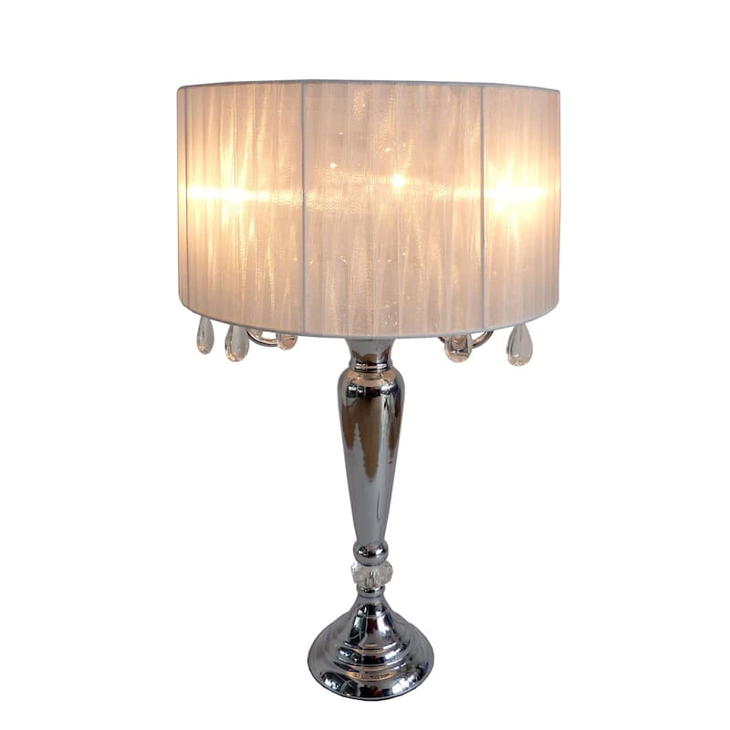 Elegant Designs Trendy Romantic Sheer Shade Table Lamp with Hanging Crystals - 16.5(L)16.5(W)31(H) - Chrome/White