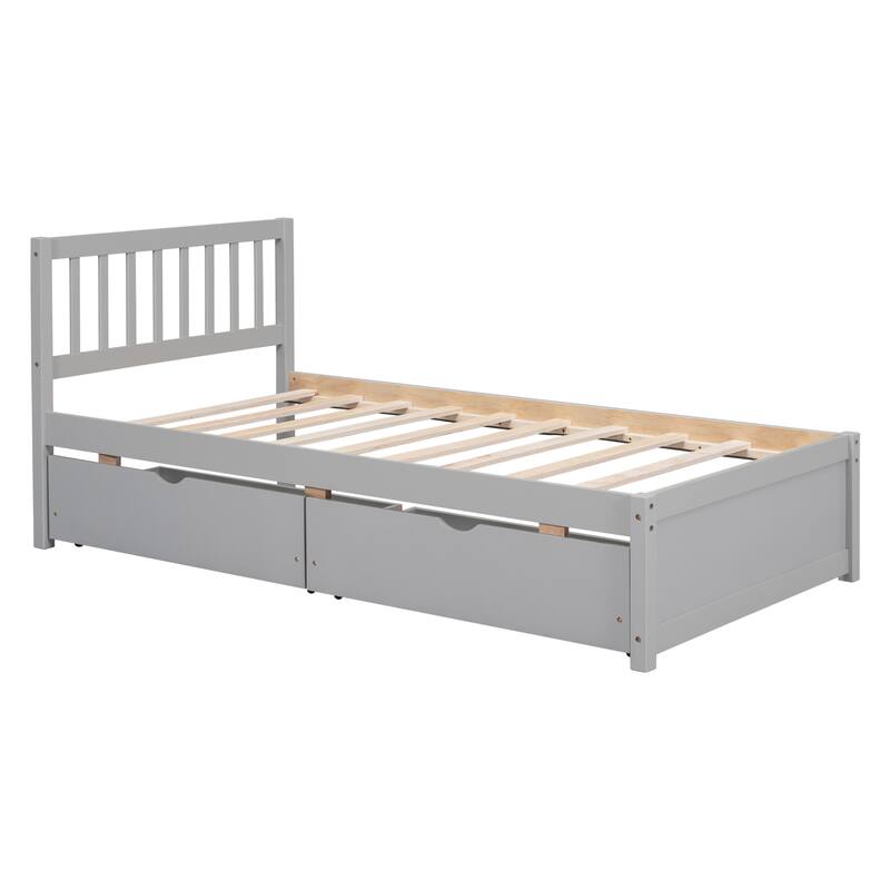 Twin Size Platform Bed with 2 Storage Drawers, Wooden Bed Frame with Headboard and Slats Support, No Box Spring Required