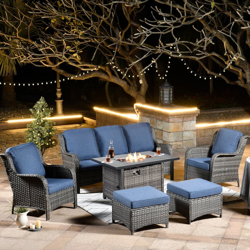 OVIOS Grey Wicker 6-piece Patio Furniture Set With Rectangular Fire Pit