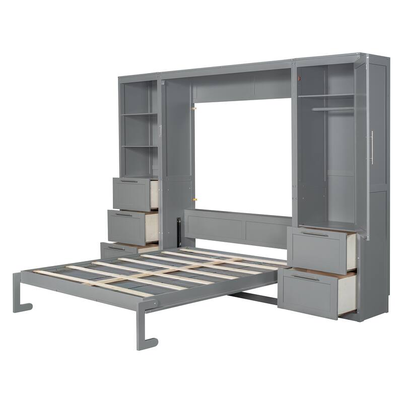 Queen Size Murphy Bed Hidden Bed with Wardrobe Drawers Shelves
