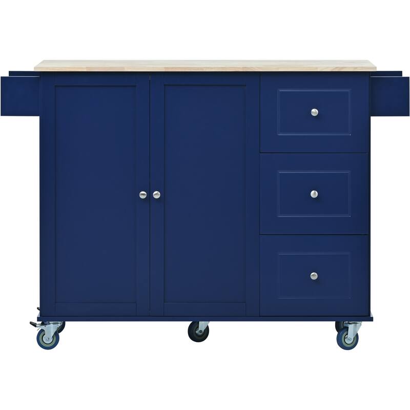 Portable Dark Blue Kitchen Cart with Drop Leaf, Solid Wood Top Kitchen Island on Wheels, Closed Storage Kitchen Cabinet