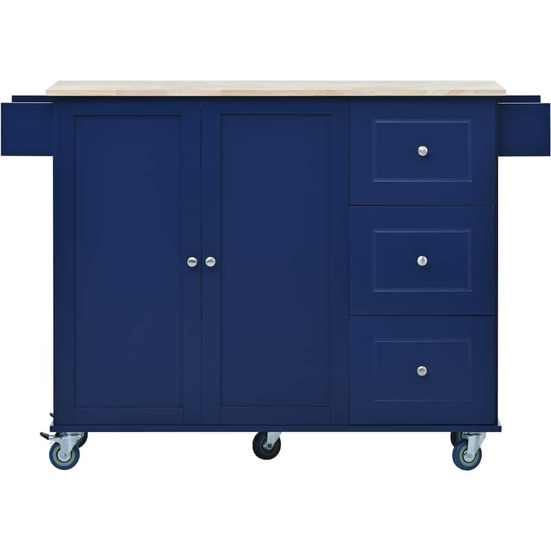 Rolling Kitchen Island with Solid Wood Top, Storage Cabinet and Drop Leaf Bar w/Spice Rack, Towel Rack for Living Room