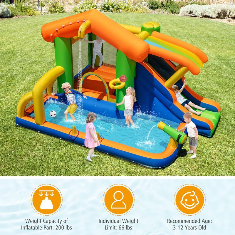 Gymax 8-in-1 Inflatable Bounce House Water Park w/ Slide Water Cannon - Multicolors
