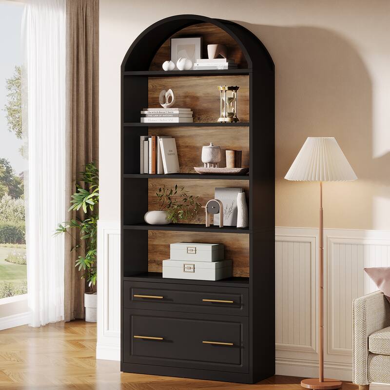 5-Tier White Arched Bookshelf with File Cabinet Drawer, 76.8" Tall Freestanding Wooden Bookcase