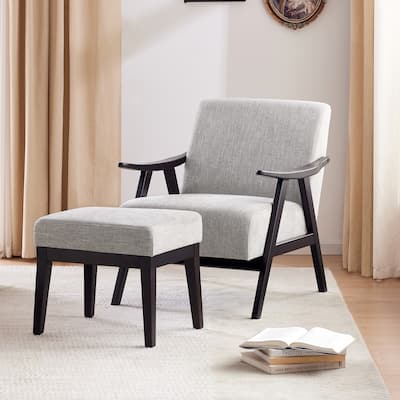 Upholstered Mid Century Accent Chair Footrest with Ottoman,Solid Wood Arm Chair