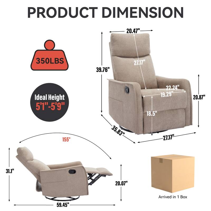 Roomfitters Swivel Rocker Recliner Chair, Manual Massage Glider Armchair with Heat & Vibration, Fabric Living Room Sofa