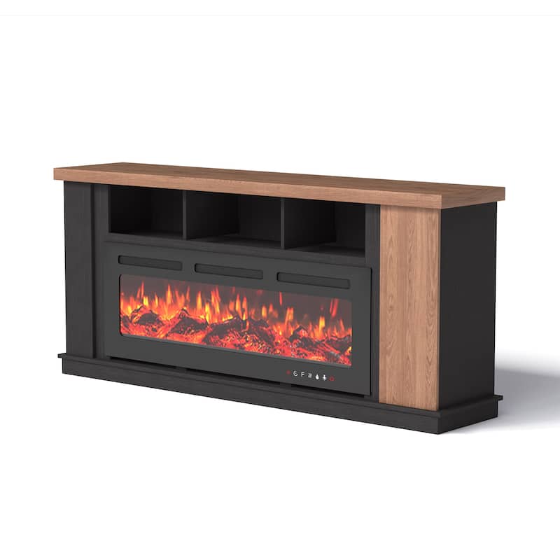 70" Traditional TV Stand with 50" Electric Fireplace, Light Strips, Sockets, Open Shelves, and Cabinets for TVs up to 80
