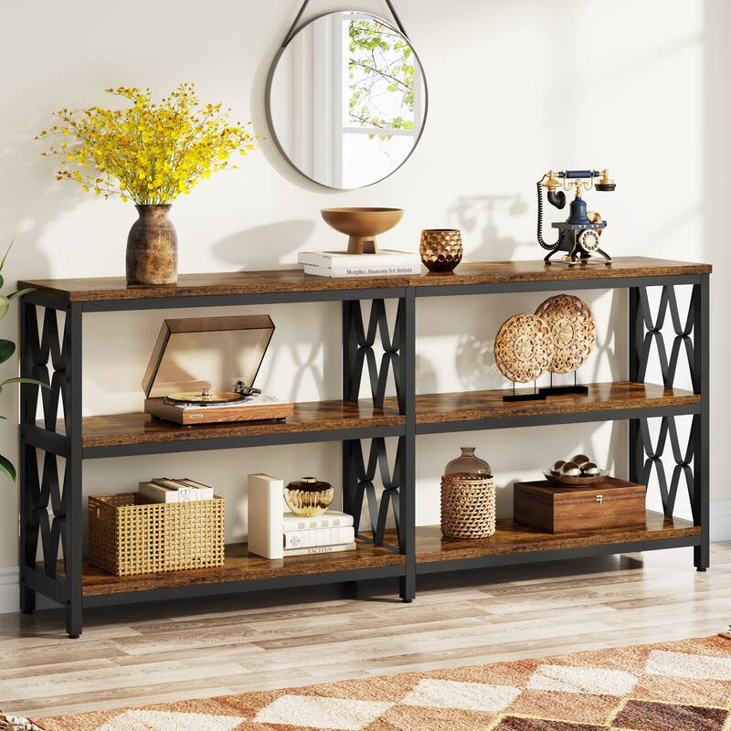 3-Tier Console Table , 70.9-in Industrial Sofa Table, Long Foyer Table Entryway Table - Rustic Brown/Black
