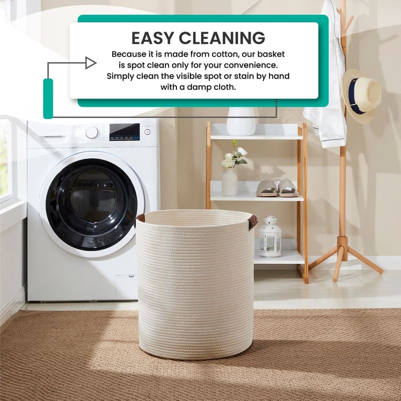 Large Cotton Rope Storage Basket Laundry Hamper Woven Basket with Leather Handles -16 x 18 - 16" x 16" x 18"