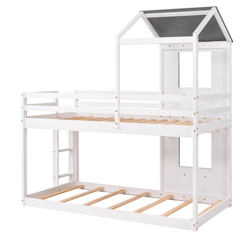 Twin over Twin Solid Wood Bunk Bed with Roof, Window, Guardrail, and Ladder