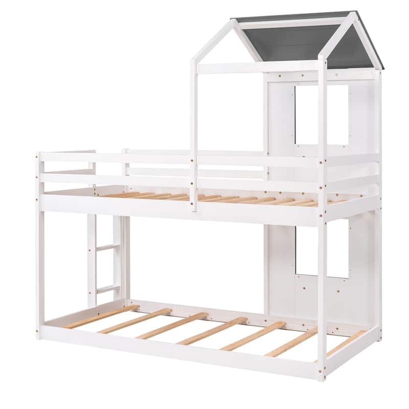White Twin over Twin Solid Wood Bunk Bed with Roof, Window, Guardrail, and Ladder