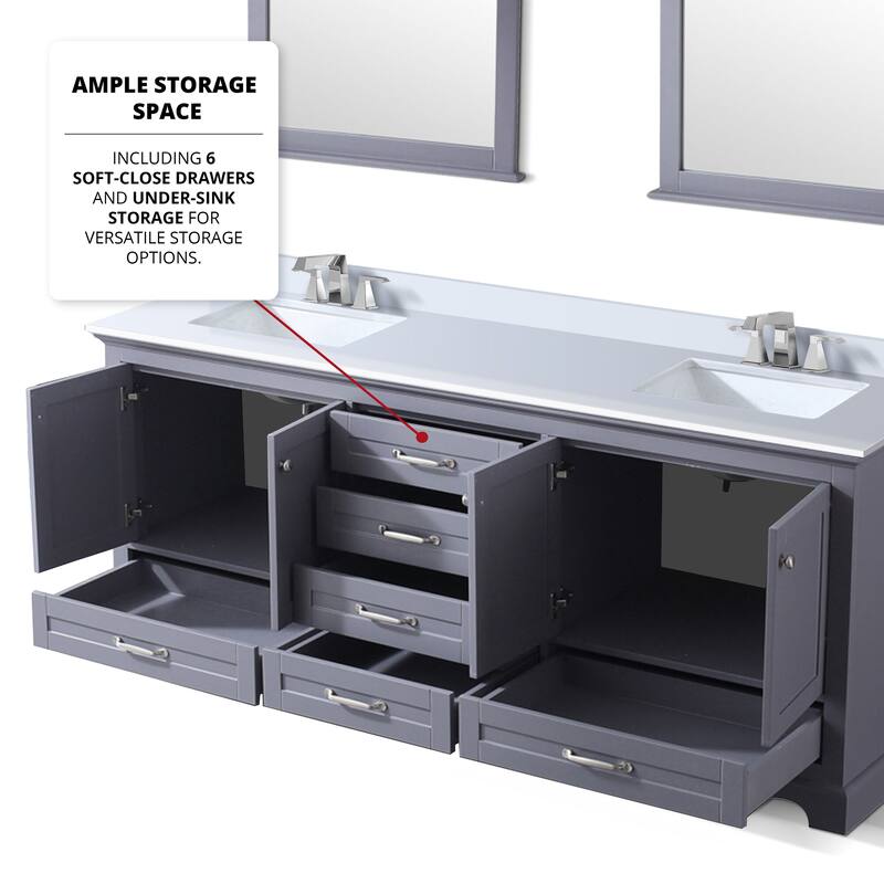 Dukes 80 in. W x 22 in. D Dark Grey Double Bath Vanity, White Quartz Top, Faucet Set, and 30 in. Mirrors