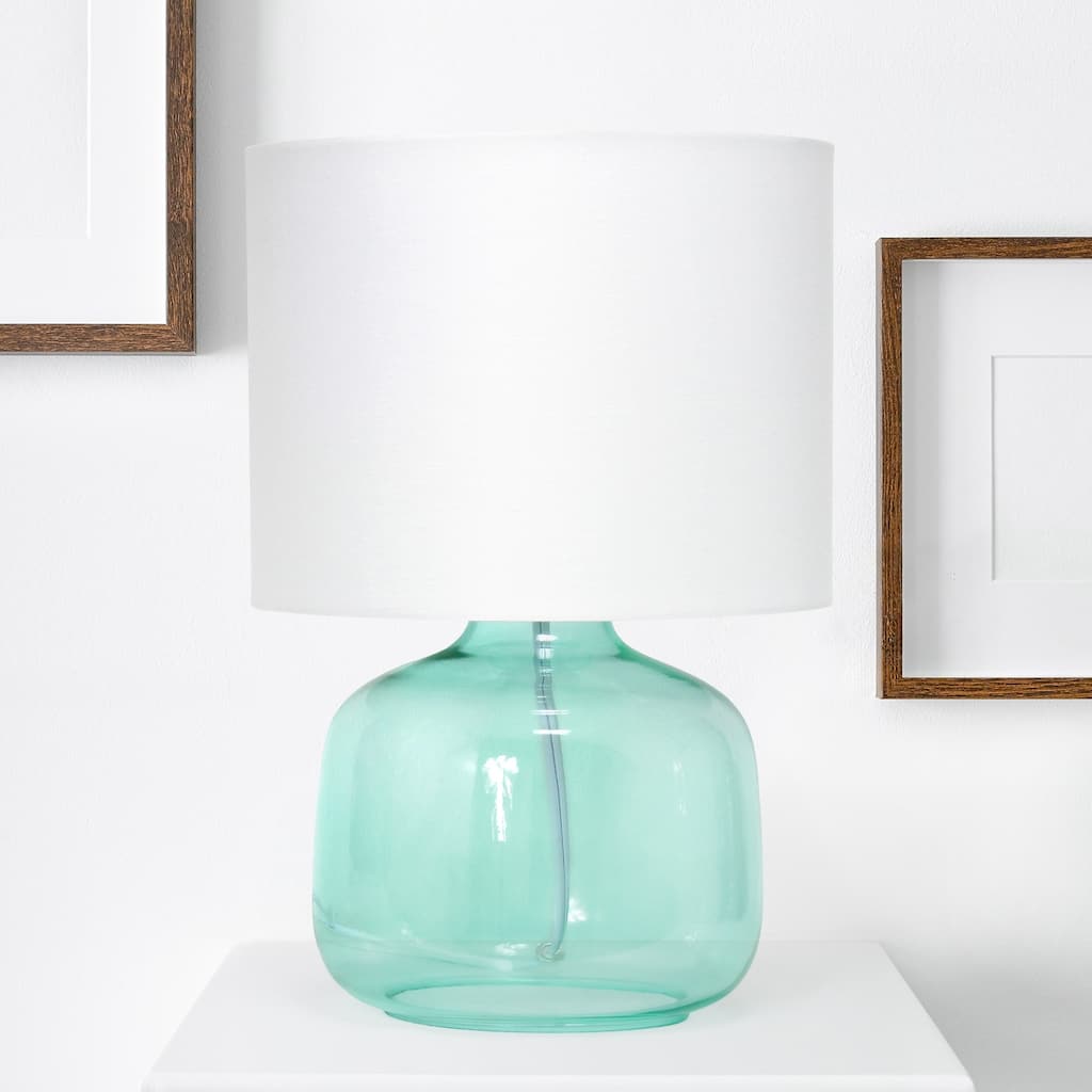Round Glass Table Lamp with Drum Shade - 13.75" - Aque Blue and White