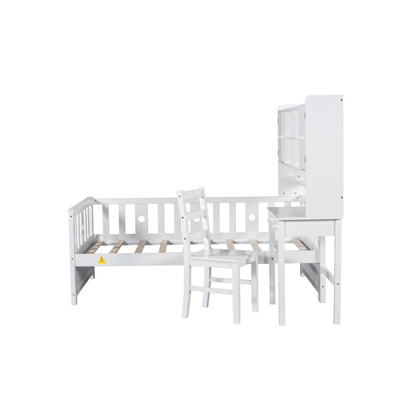Twin Size Multifunctional Wood Platform Bed with Bookshelf,Built-in Desk and Matching Chair