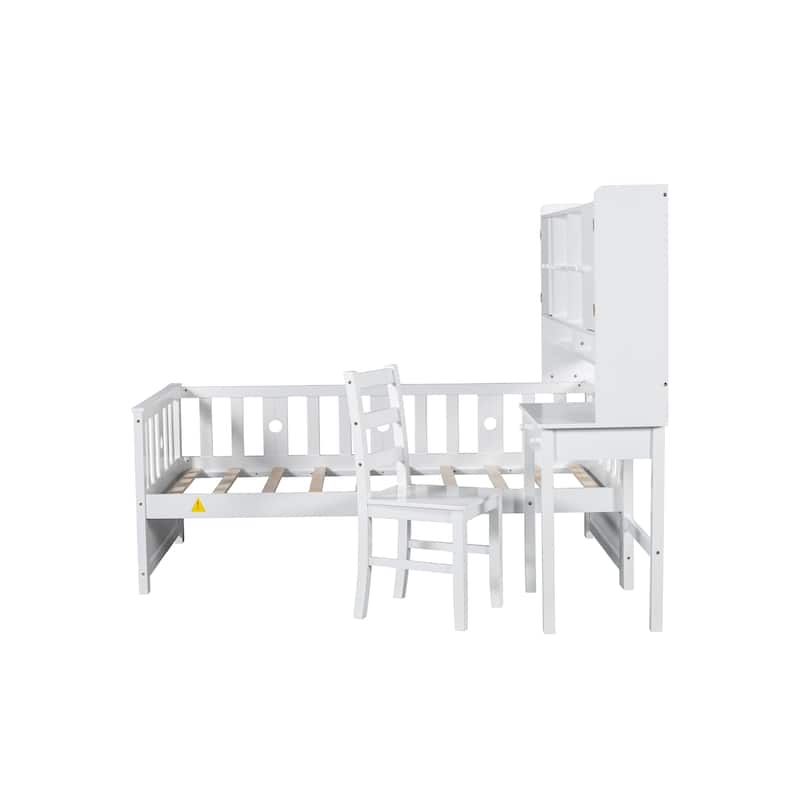 Twin Size Multifunctional Wood Platform Bed with Bookshelf at the Head of the Bed, Built-in Desk and Matching Chair, White