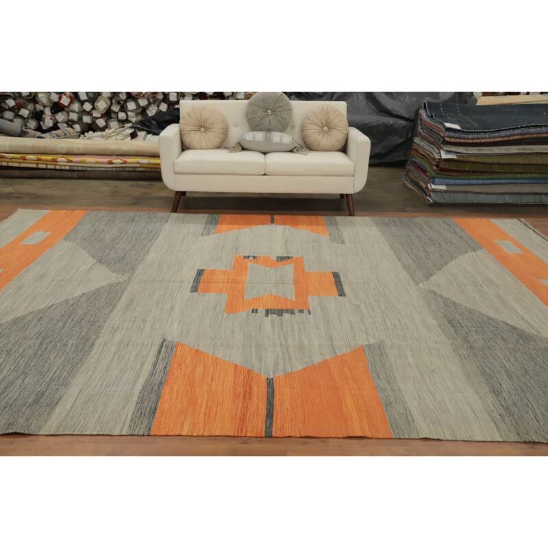 Hand Woven Oriental 100% Wool Carpet Southwestern Tribal Greys & Charcoal Kilim Area Rug - 13' 0'' X 9' 11''