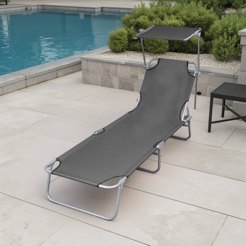 Keli Folding Chaise Lounger with Sun Canopy, Gray Aluminum, 74 Inch