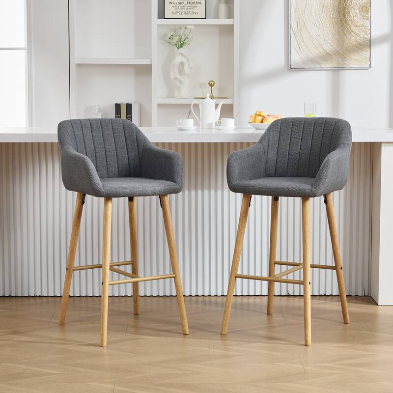 Modern Bar Stools Set of 2, Kitchen Island Tall Chairs with Back, Arm, Footrest and Solid Wood Leg, Upholstered Bar Stools