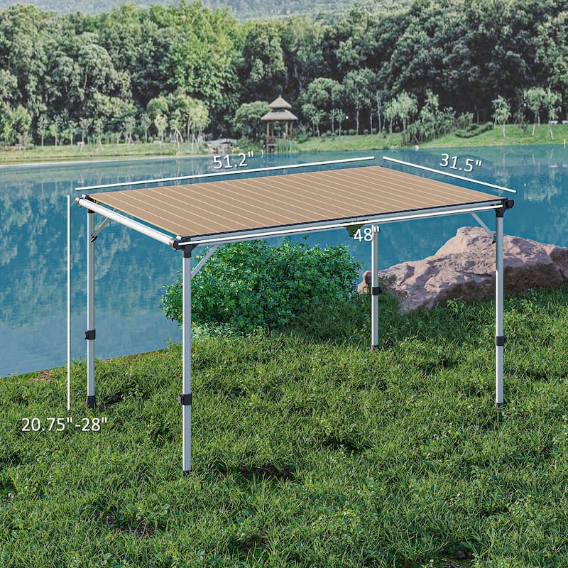Light Brown Aluminum Adjustable Folding Picnic Table for Outdoor Use - 51.2" L x 31.5" W x 20.9"-28" H - Light Brown