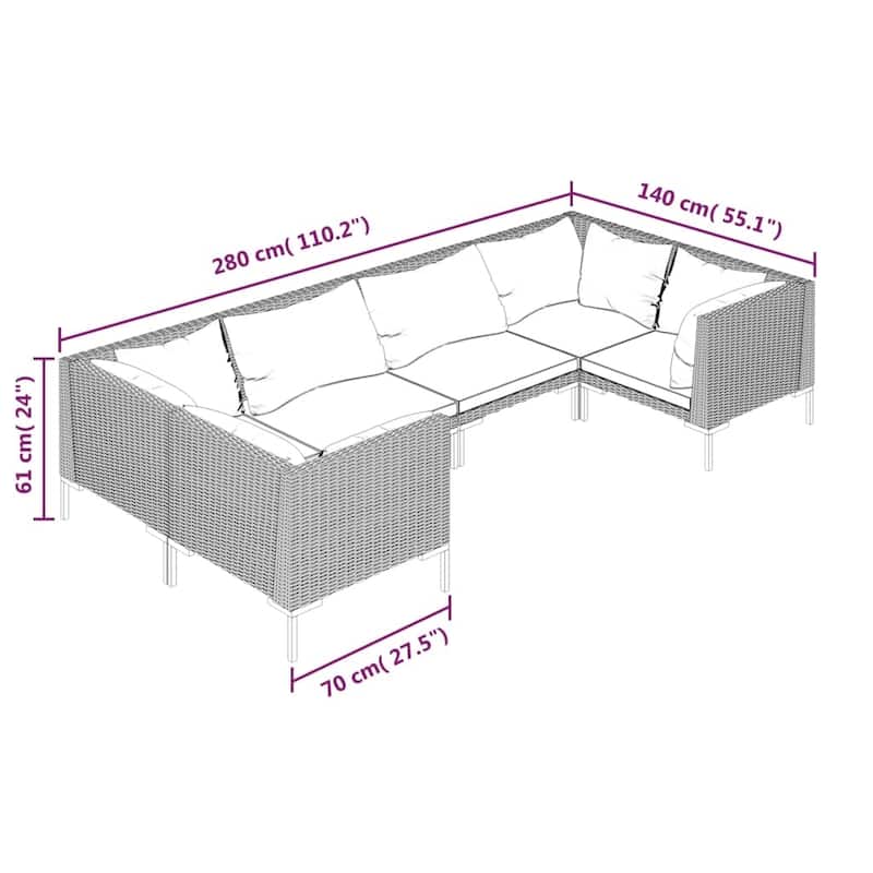 vidaXL Patio Lounge Set Outdoor Sectional Corner Sofa Poly Rattan Dark Grey - 27.6" x 27.6" x 24"