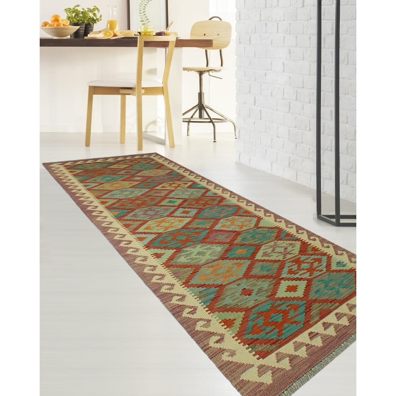 Hand-Woven Sangat Kilim Gulshakh Purple/Ivory Runner - 2'8" x 9'5"