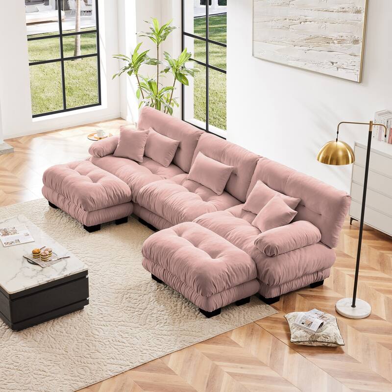 133.8" Chenille U-Shaped Cloud Sectional Sofa (3-Seater Modular) with 2 Ottomans - Pink