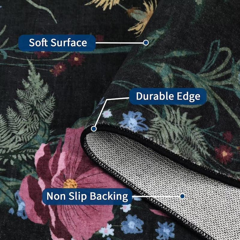 Modern Living Room Rugs Floral Rustic Area Rug Soft Foldable Accent Rug Low Pile Non-Slip Rug for Dining Room Office