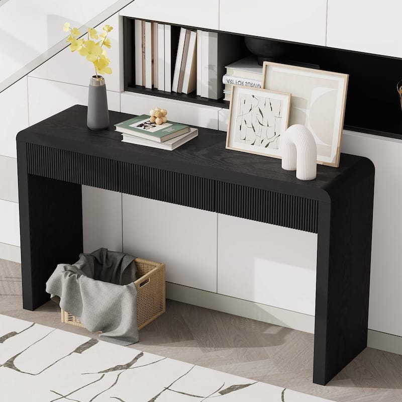 Console Table with 3 Fluted Drawers - Solid Wood Veneer Entryway Table Featuring Natural Wood Grain for Living Room, Hallway