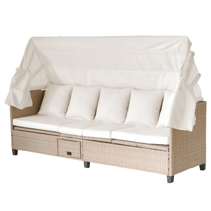 4 Piece UV-Proof Resin Wicker Patio Sofa Set with Retractable Canopy, Cushions & Lifting Table, Beige