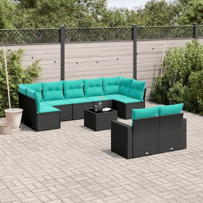 vidaXL 10 Piece Patio Sofa Set with Cushions Black Poly Rattan - 24.4" x 24.4" x 27.2"