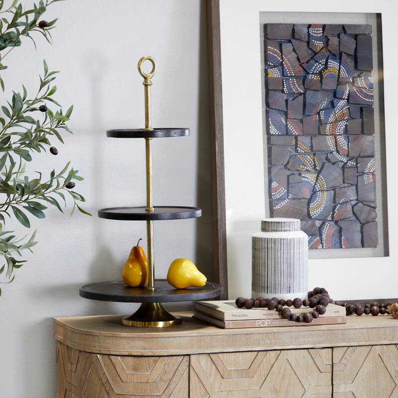Dark Brown Mango Wood Tiered Server with Aluminum Bases or Gold Stand - 2 Tier or 3 Tier - Dark Brown & Gold - 3 Levels