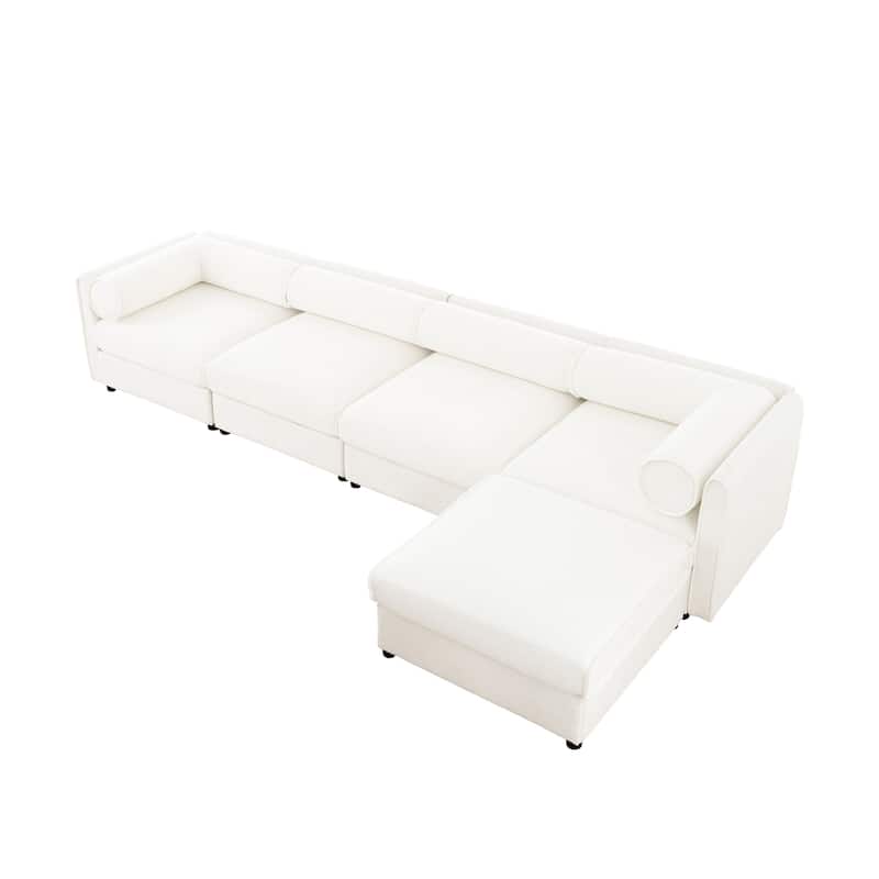 142.5" Chenille L-Shaped Sectional Sofa with Storage & Round Back