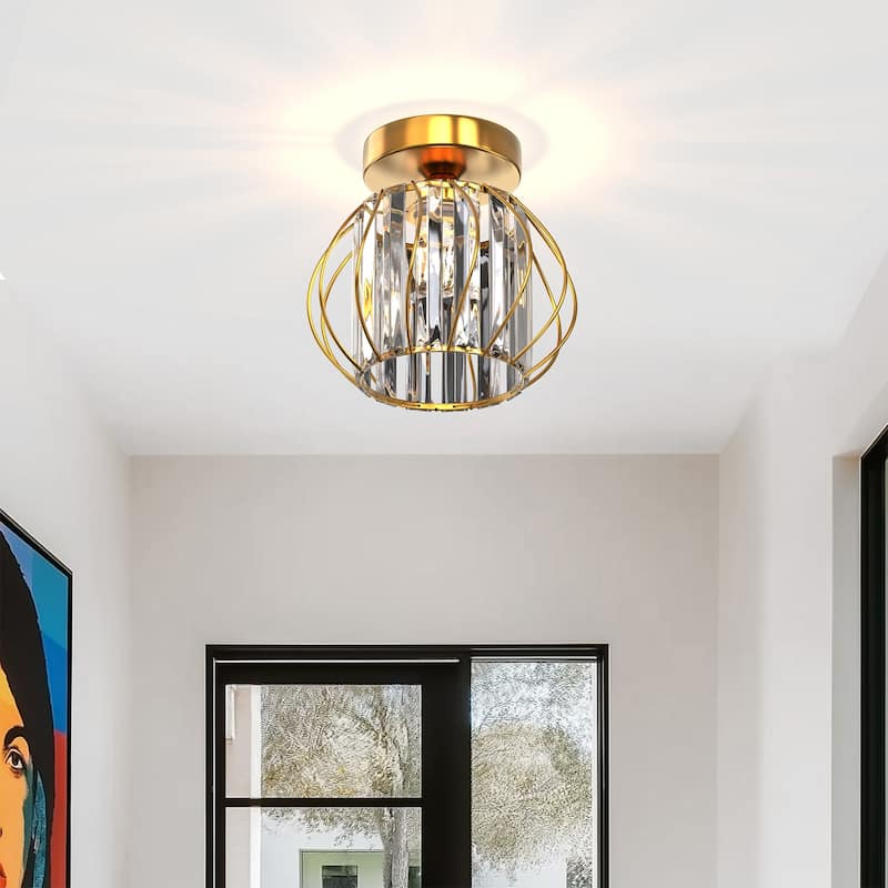 YANSUN Single-Head Semi-Flush Mount Light, Antique Copper Finish, Metal and Crystal, Non-Integrated, No Bulb Included