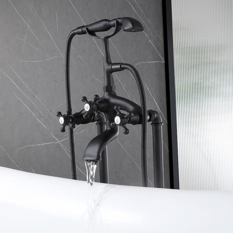 39.37"H Solid Brass 3 Handle Floor Mounted Clawfoot Tub Faucet with Diverter