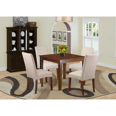 Rustic Dining Set 5Pc Square Table & Chairs - Cream Linen Fabric, Mahogany Legs - Home Kitchen Furniture