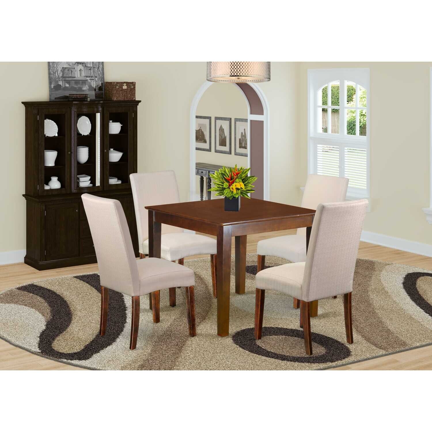 Rustic Dining Set 5Pc Square Table & Chairs - Cream Linen Fabric, Mahogany Legs - Home Kitchen Furniture - Mahogany, Cream