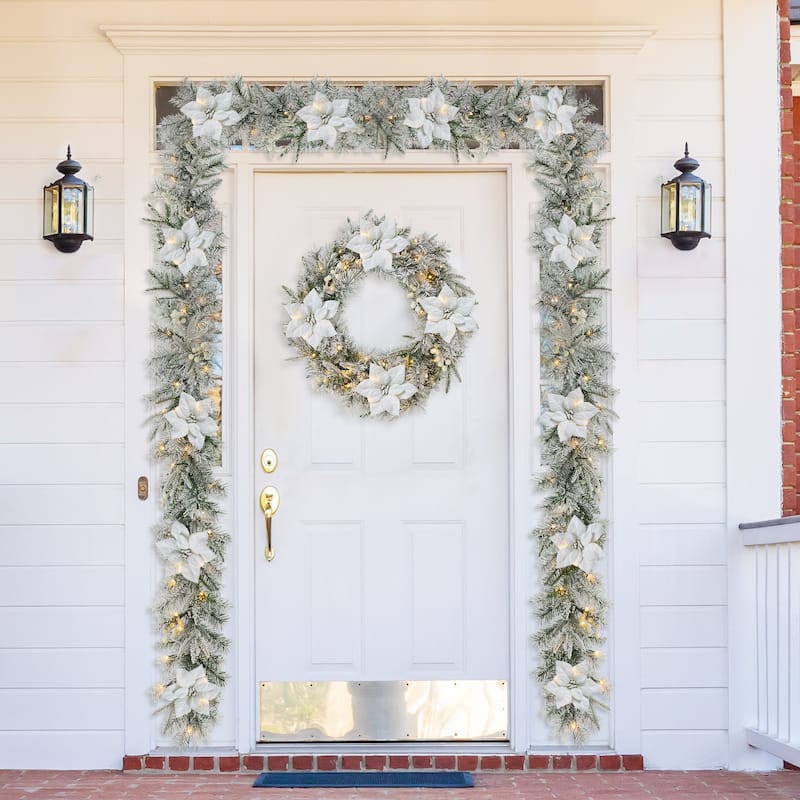Glitzhome Set of 2/4 6ft Pre-Lit Flocked Greenery Pine White Poinsettia Christmas Garland