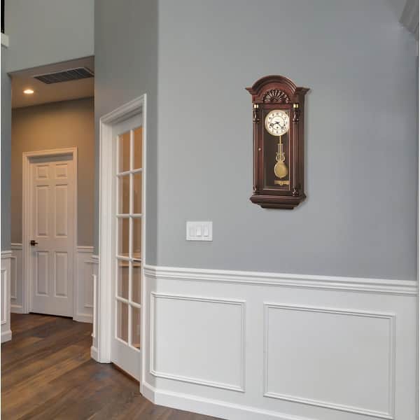 slide 3 of 2, Howard Miller Jennison Grandfather Clock Style Chiming Wall Clock with Pendulum, Vintage, Old World, Classic Design Mahogany
