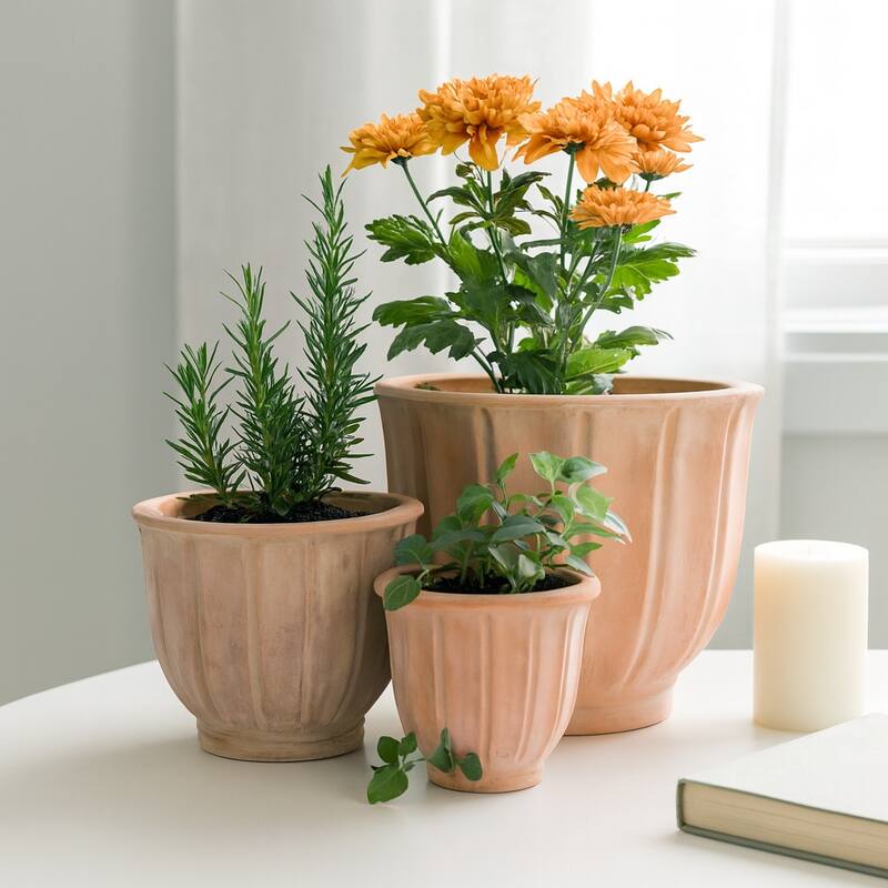 Fluted Ceramic Flower Pots and Planters - Set of 3, 15", 12", 9" - 15.0"