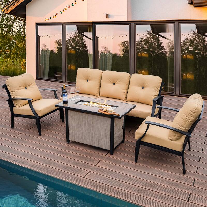 Outdoor 50,000 BTU Textilene Propane Fire Pit Set with Aluminum Sofas - Beige