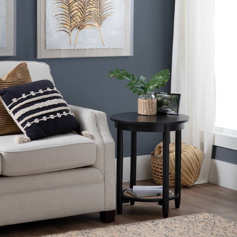 Round Mindi Wood and Rattan Black Accent Table