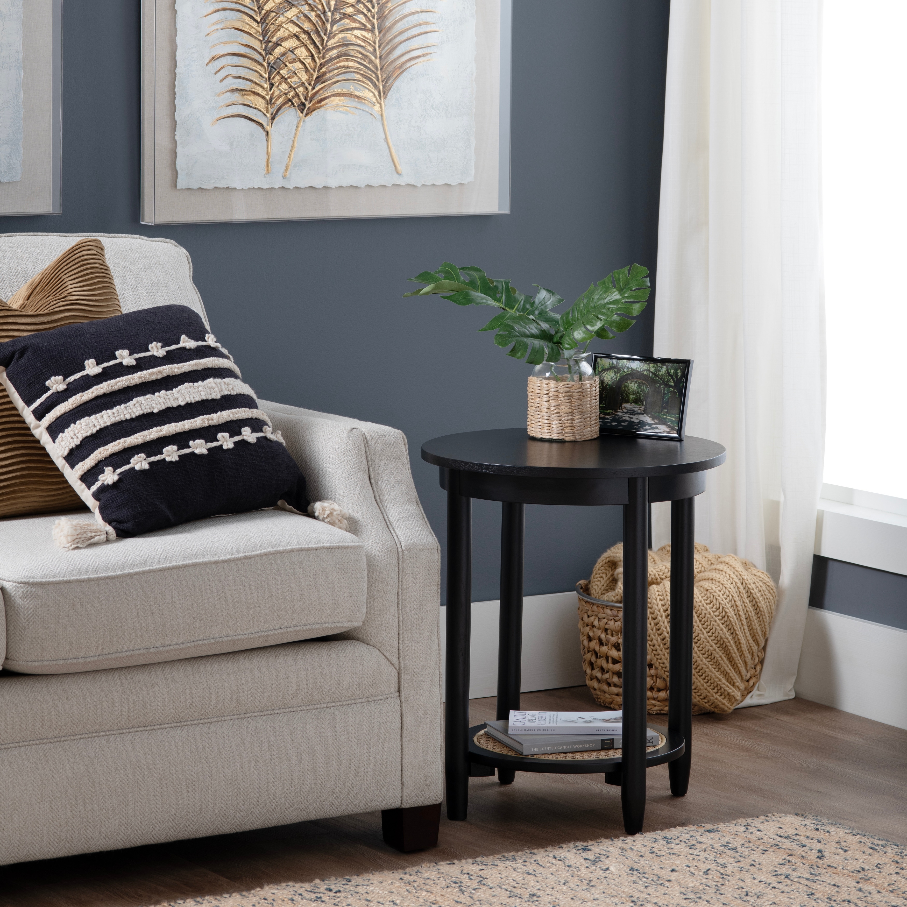 Round Mindi Wood and Rattan Black Accent Table