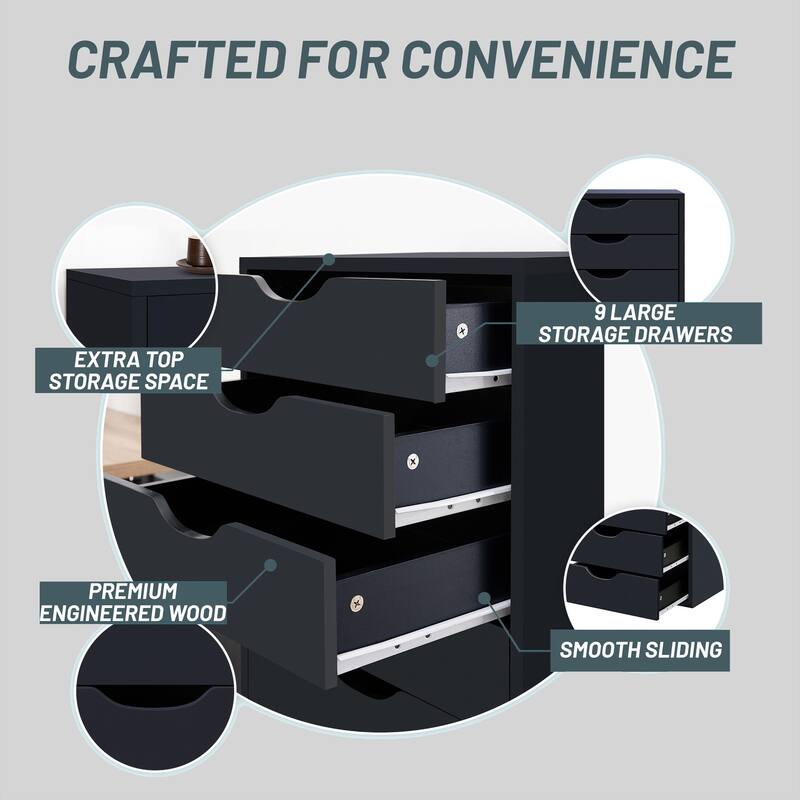 Narrow Wooden 9-Drawer Cabinet with Smooth-Glide Drawers and Top Storage Shelf