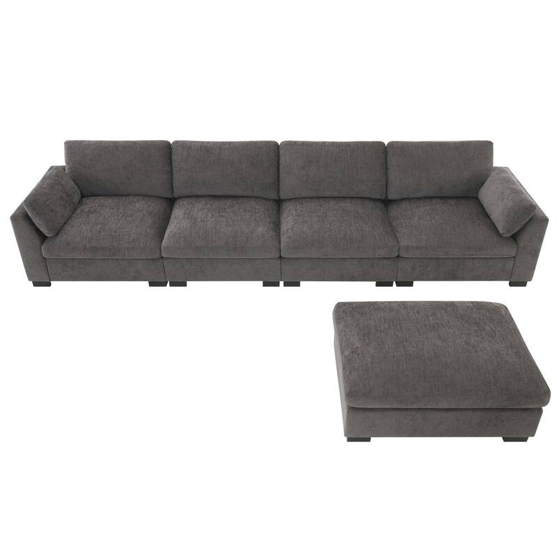 130" Modular Chenille L-Shaped Sectional Sofa with Folding Table and Dual-Port Charging, Ottoman